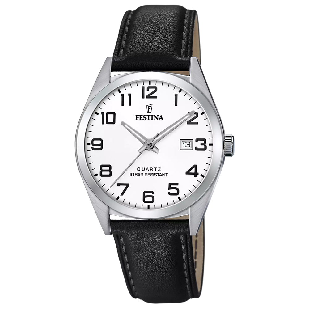 Montre homme Festina Classics 3 aiguilles, date en acier cadran blanc et bracelet cuir 20446/1