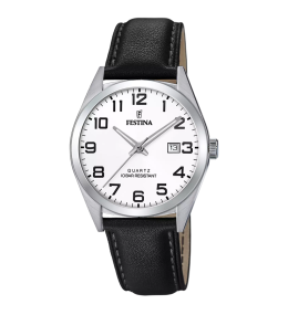 Montre homme Festina Classics 3 aiguilles, date en acier cadran blanc et bracelet cuir 20446/1