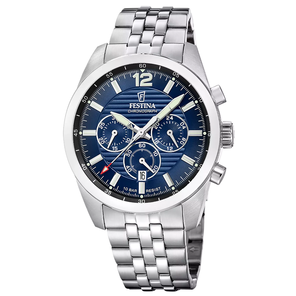 Montre homme Festina Timeless chronographe en acier cadran bleu 20742/4