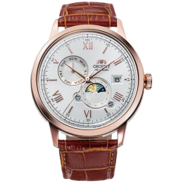 Montre Homme Orient, Automatique, Sun & Moon 41,50 mm en acier PVD rose et bracelet cuir RA-AK0801S30B