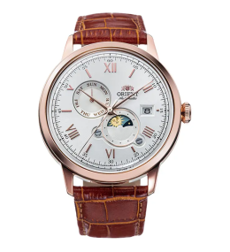 Montre Homme Orient, Automatique, Sun & Moon 41,50 mm en acier PVD rose et bracelet cuir RA-AK0801S30B