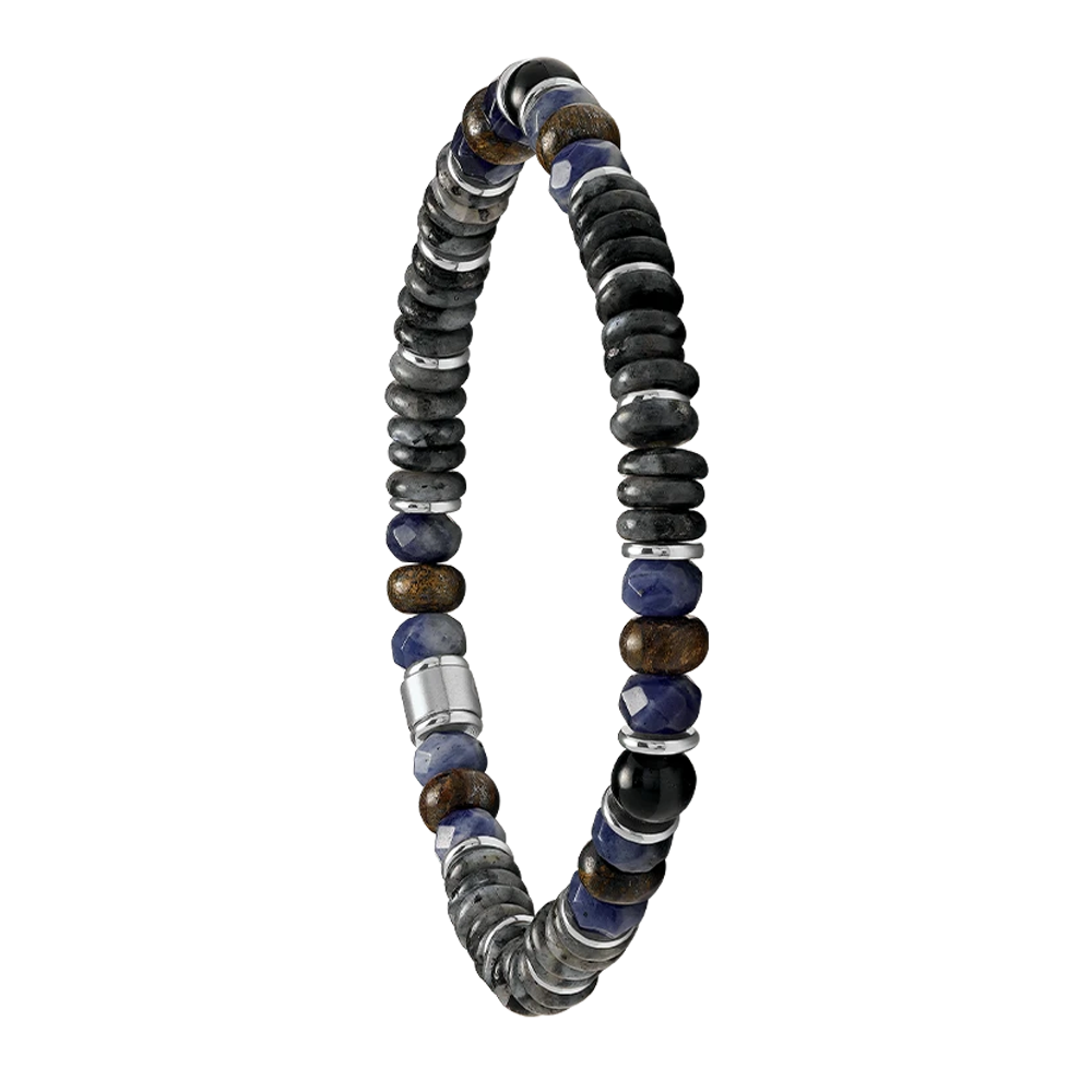 Bracelet Jourdan Bijoux Forel acier avec Agate Noire, Ilménite, Bronzite, Sodalite et Labradorite JH100044B