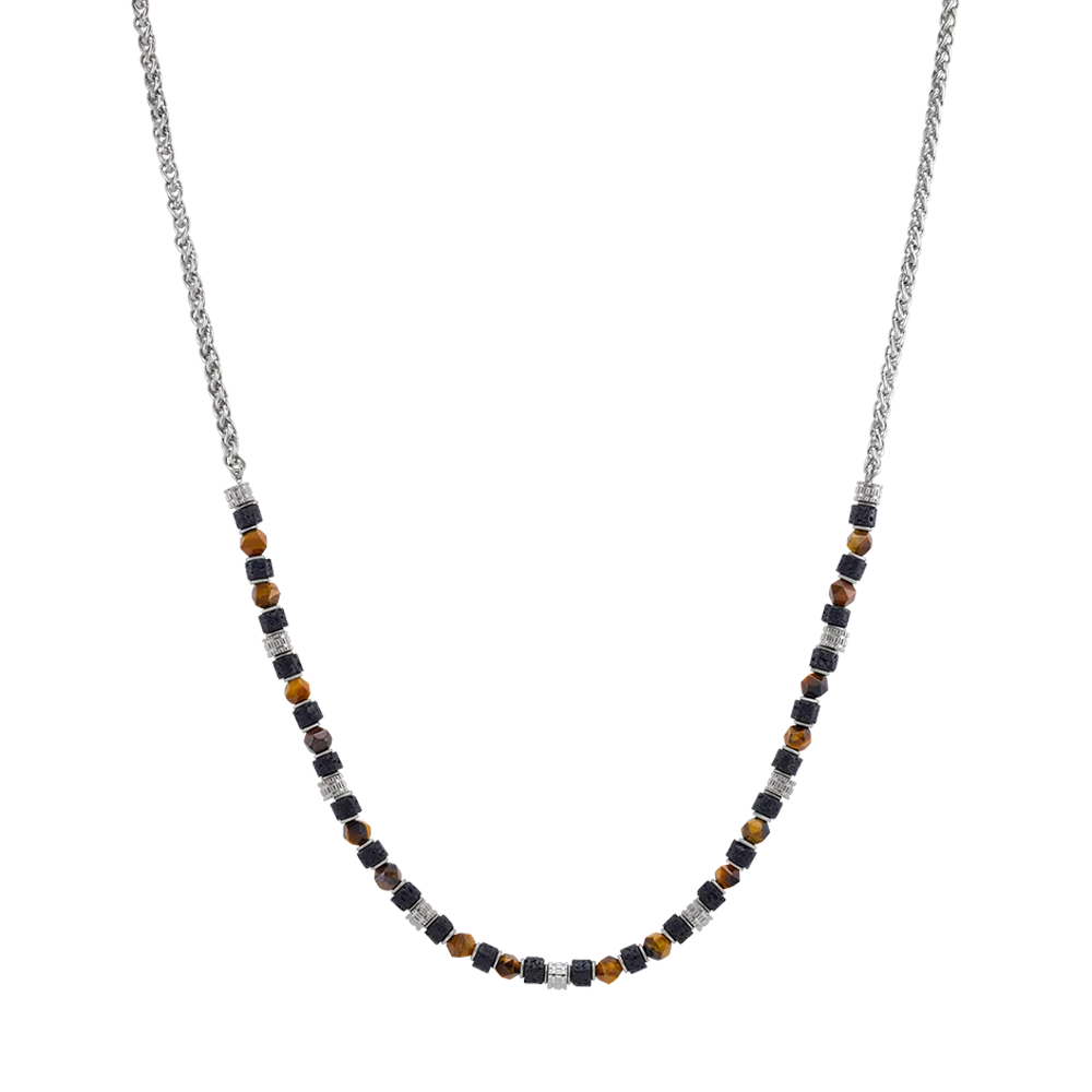 Collier Homme Jourdan bijou, BENGALE, en acier, oeil de tigre et pierre de lave JH250024N