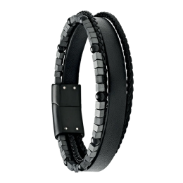 Bracelet Homme Jourdan bijou, MARS, acier PVD noir, cuir noir, hématite et onyx JH340005B