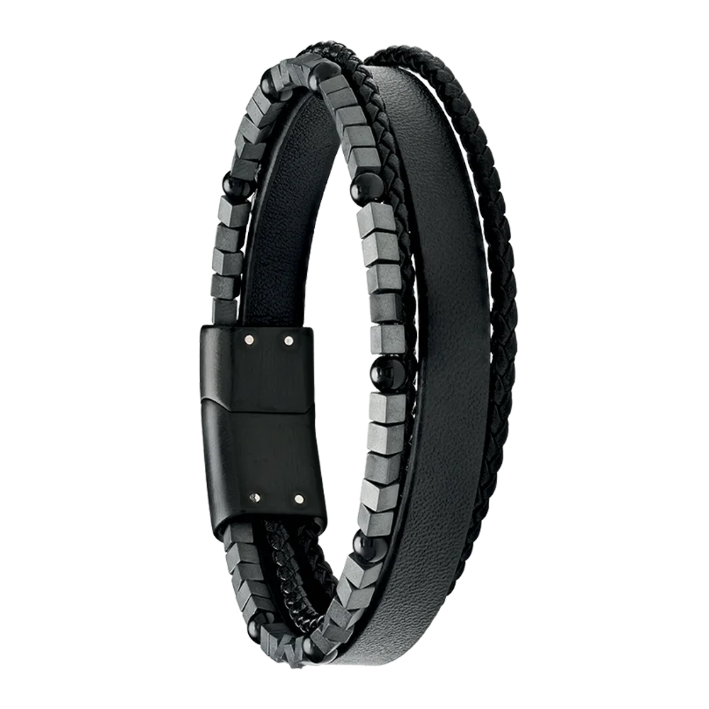 Bracelet Homme Jourdan bijou, MARS, acier PVD noir, cuir noir, hématite et onyx JH340005B