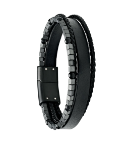 Bracelet Homme Jourdan bijou, MARS, acier PVD noir, cuir noir, hématite et onyx JH340005B