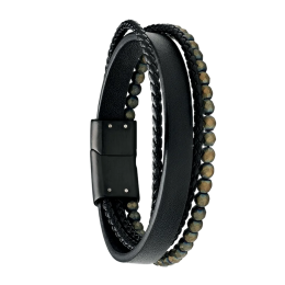 Bracelet Homme Jourdan bijou, MARS, acier PVD noir, cuir noir, hématite JH340006B
