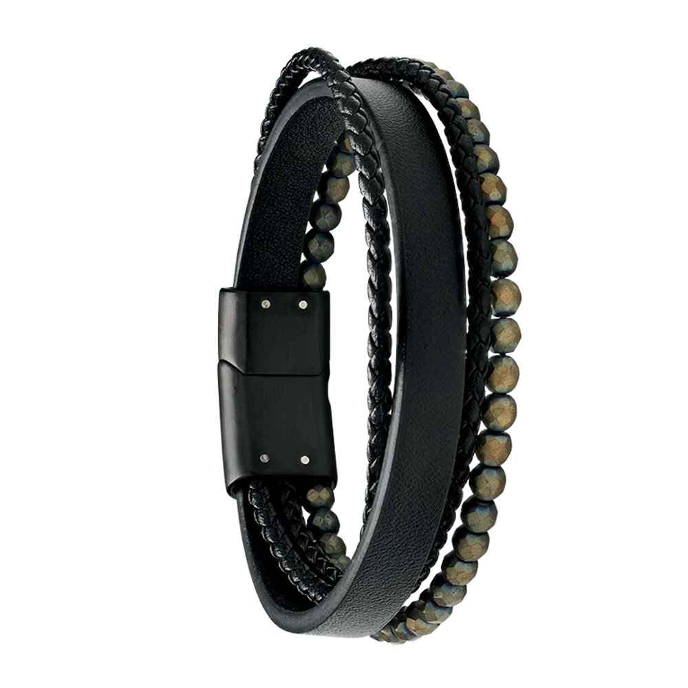 Bracelet Homme Jourdan bijou, MARS, acier PVD noir, cuir noir, hématite JH340006B