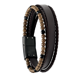 Bracelet Homme Jourdan bijou, MARS BRUN, acier PVD noir, cuir brun, hématite et onyx JH340007B