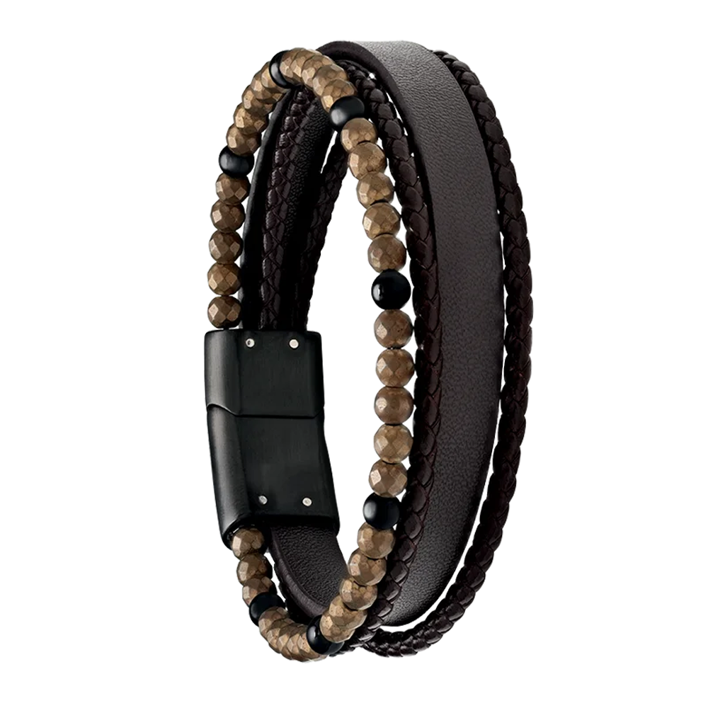 Bracelet Homme Jourdan bijou, MARS BRUN, acier PVD noir, cuir brun, hématite et onyx JH340007B