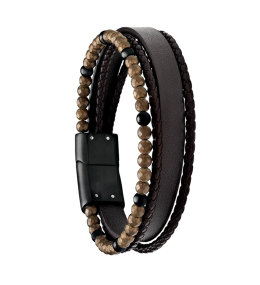 Bracelet Homme Jourdan bijou, MARS BRUN, acier PVD noir, cuir brun, hématite et onyx JH340007B