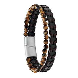 Bracelet Homme Jourdan bijou, BRUN, acier, cuir brun, oeil de tigre JH340008B