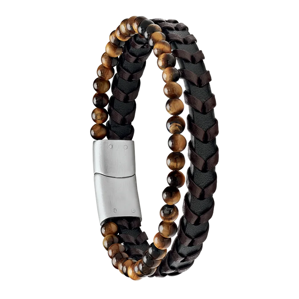 Bracelet Homme Jourdan bijou, BRUN, acier, cuir brun, oeil de tigre JH340008B