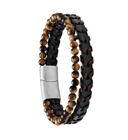 Bracelet Homme Jourdan bijou, BRUN, acier, cuir brun, oeil de tigre JH340008B