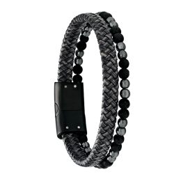 Bracelet Homme Jourdan bijou, LAVE GRIS, acier PVD noir, cuir gris, hématite et pierre de lave JH340010B