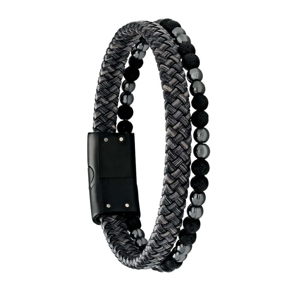 Bracelet Homme Jourdan bijou, LAVE GRIS, acier PVD noir, cuir gris, hématite et pierre de lave JH340010B