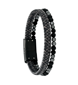 Bracelet Homme Jourdan bijou, LAVE GRIS, acier PVD noir, cuir gris, hématite et pierre de lave JH340010B