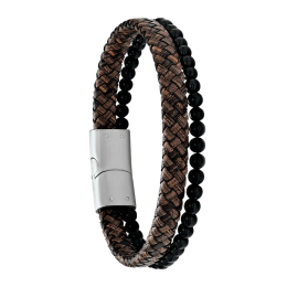Bracelet Homme Jourdan bijou, LAVE BRUN, acier, cuir brun et onyx JH340011B