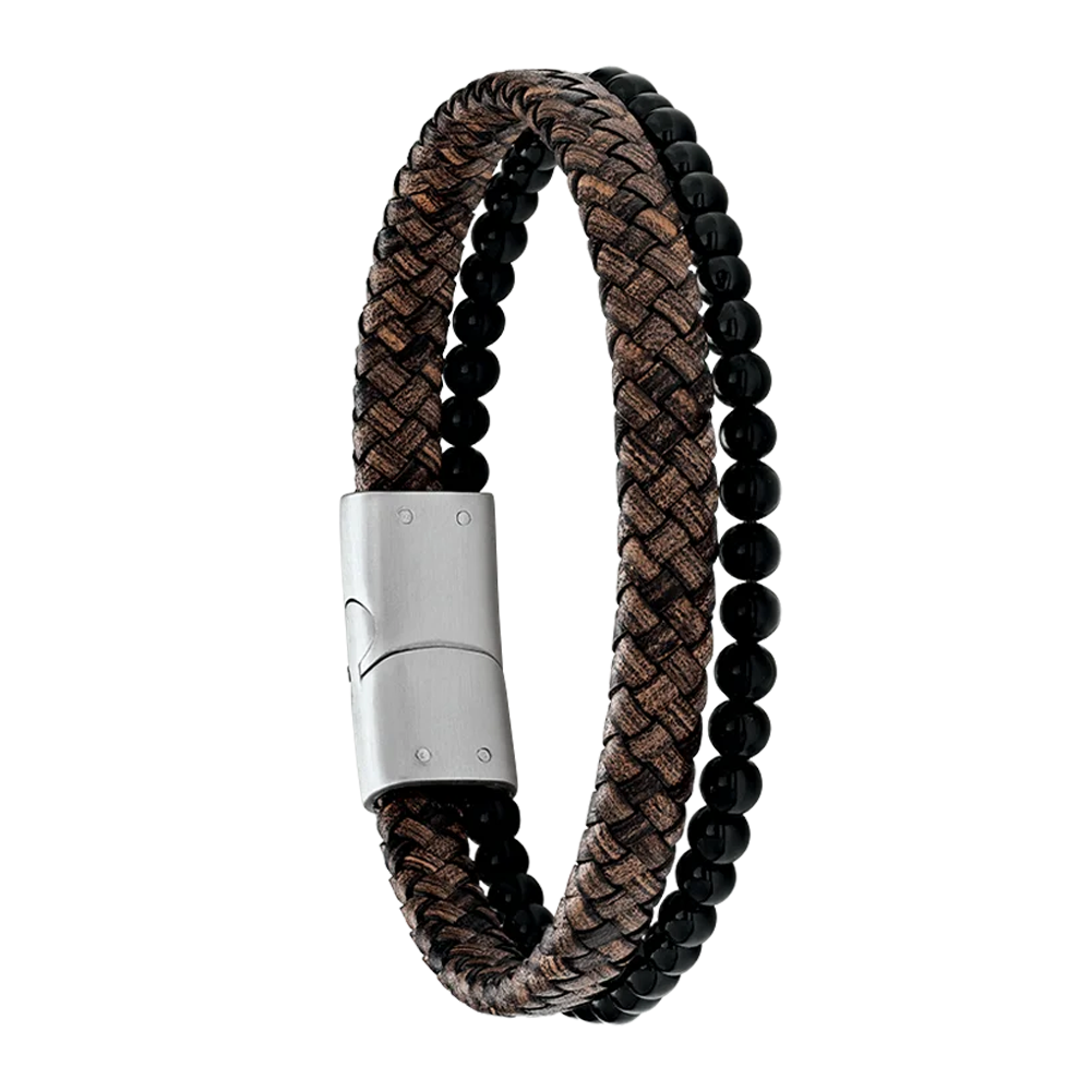Bracelet Homme Jourdan bijou, LAVE BRUN, acier, cuir brun et onyx JH340011B