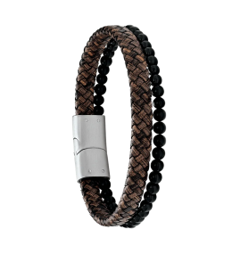 Bracelet Homme Jourdan bijou, LAVE BRUN, acier, cuir brun et onyx JH340011B