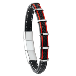 Bracelet Homme Jourdan bijou, KESSEL, acier et cuir noir et rouge RC 011 H