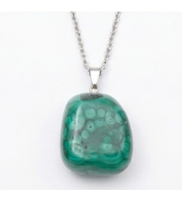 Collier pierre roulée malachite A 20/30 mm avec chaine forçat acier blanc