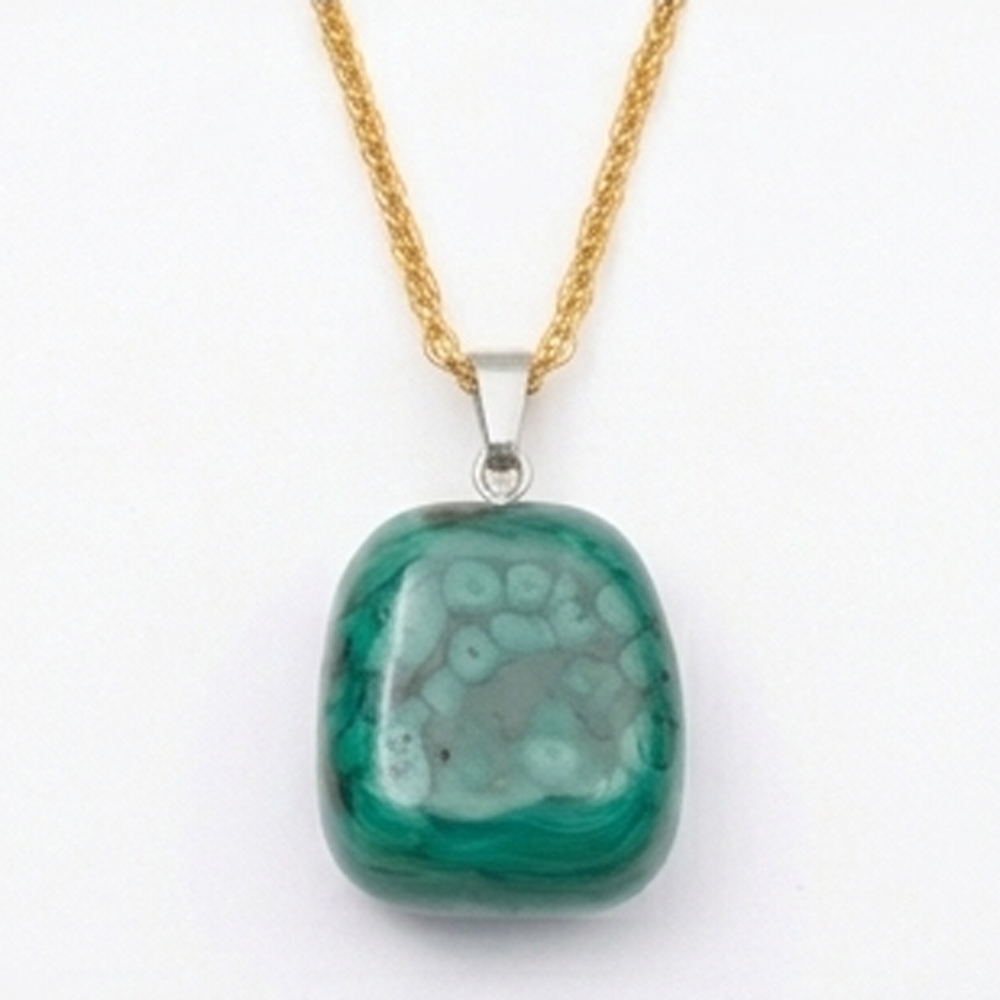 Collier pierre roulée malachite A 20/30 mm avec chaine forçat acier doré jaune