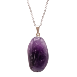 Collier pierre roulée améthyste rubanée A 20/30 mm avec chaine forçat acier blanc