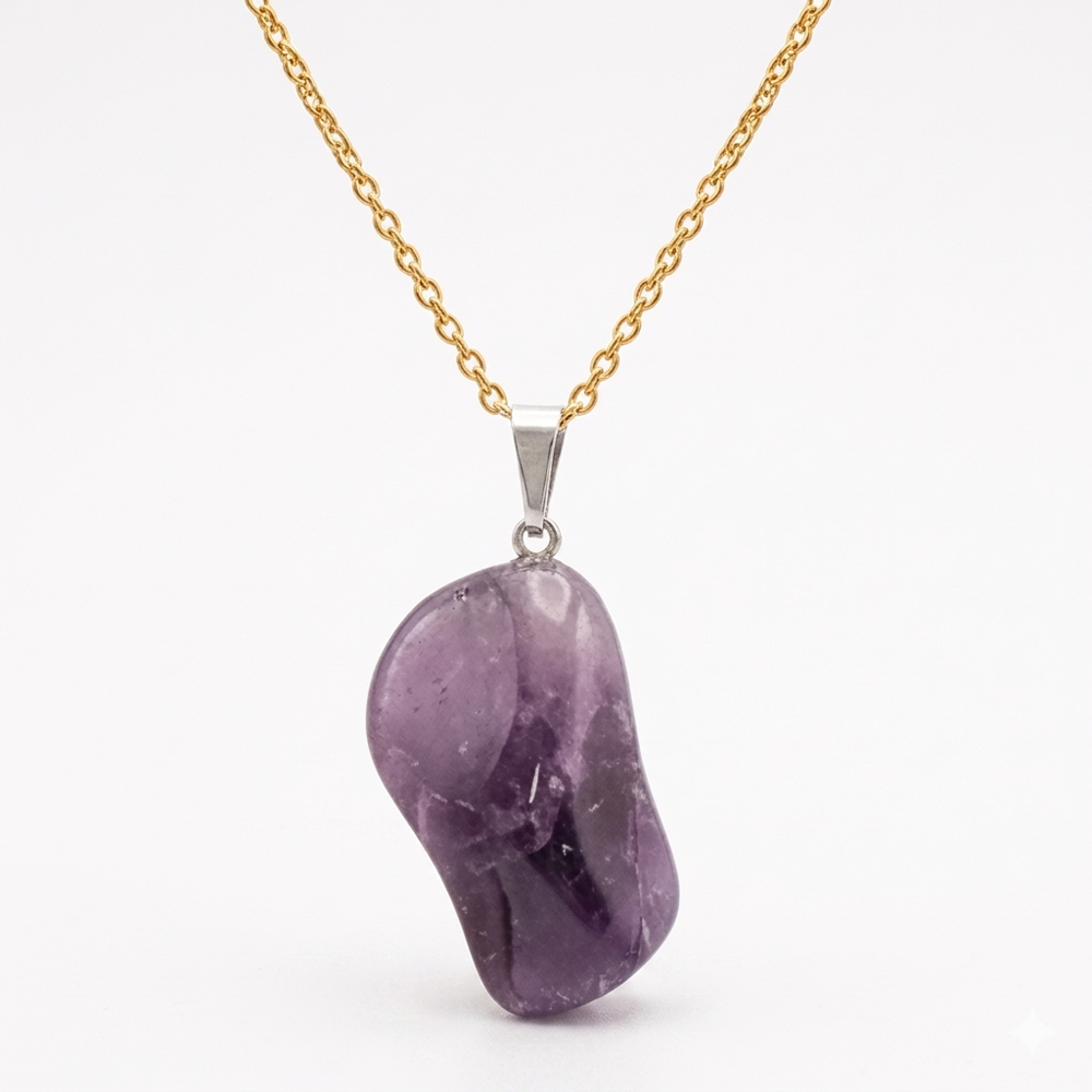 Collier pierre roulée améthyste rubanée A 20/30 mm avec chaine forçat acier doré jaune
