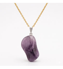 Collier pierre roulée améthyste rubanée A 20/30 mm avec chaine forçat acier doré jaune