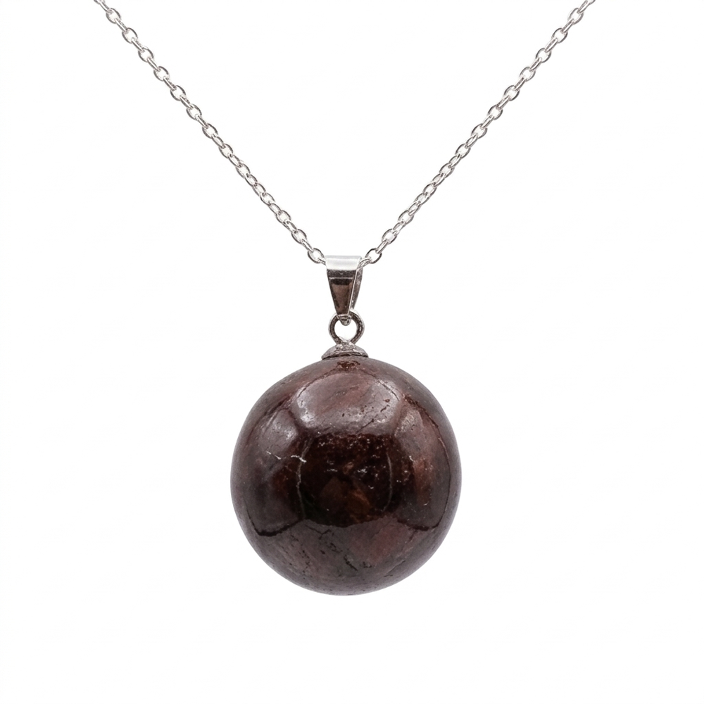 Collier pierre roulée grenat rouge A 20/30 mm avec chaine forçat acier blanc
