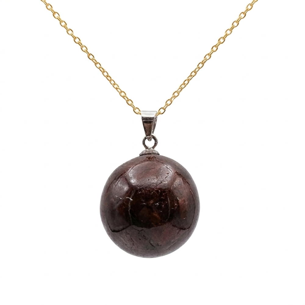 Collier pierre roulée grenat rouge A 20/30 mm avec chaine forçat acier doré jaune
