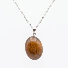 Collier pierre roulée oeil de tigre A 20/30 mm avec chaine forçat acier blanc