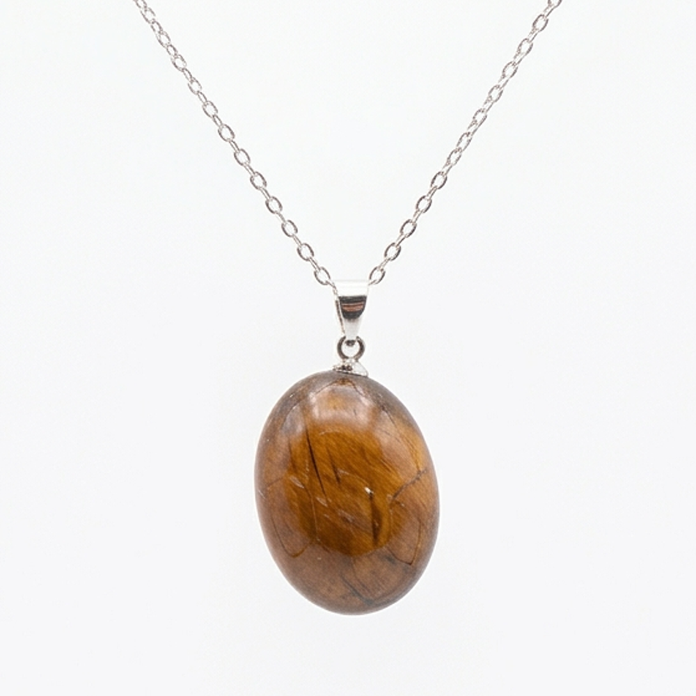 Collier pierre roulée oeil de tigre A 20/30 mm avec chaine forçat acier blanc