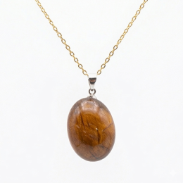 Collier pierre roulée oeil de tigre A 20/30 mm avec chaine forçat acier doré jaune