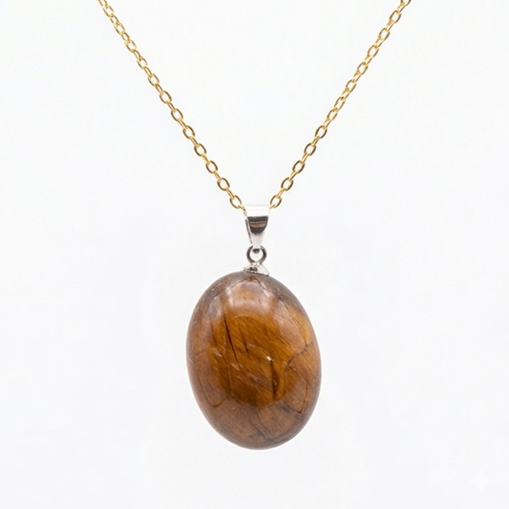 Collier pierre roulée oeil de tigre A 20/30 mm avec chaine forçat acier doré jaune
