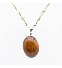 Collier pierre roulée oeil de tigre A 20/30 mm avec chaine forçat acier doré jaune