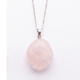 Collier pierre roulée quartz rose A 20/30 mm avec chaine forçat acier blanc