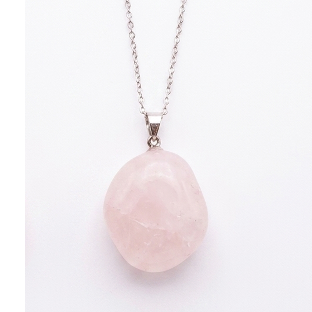 Collier pierre roulée quartz rose A 20/30 mm avec chaine forçat acier blanc