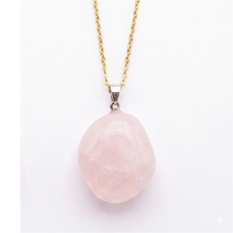 Collier pierre roulée quartz rose A 20/30 mm avec chaine forçat acier doré jaune