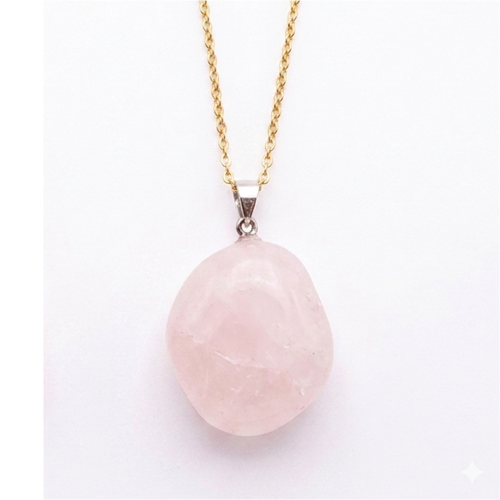 Collier pierre roulée quartz rose A 20/30 mm avec chaine forçat acier doré jaune