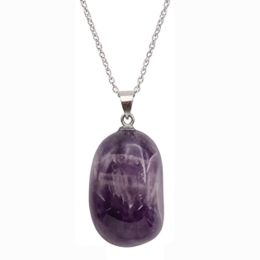 Collier pierre roulée améthyste rubanée AA 20/30 mm avec chaine forçat acier blanc