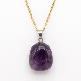 Collier pierre roulée améthyste rubanée AA 20/30 mm avec chaine forçat acier doré jaune