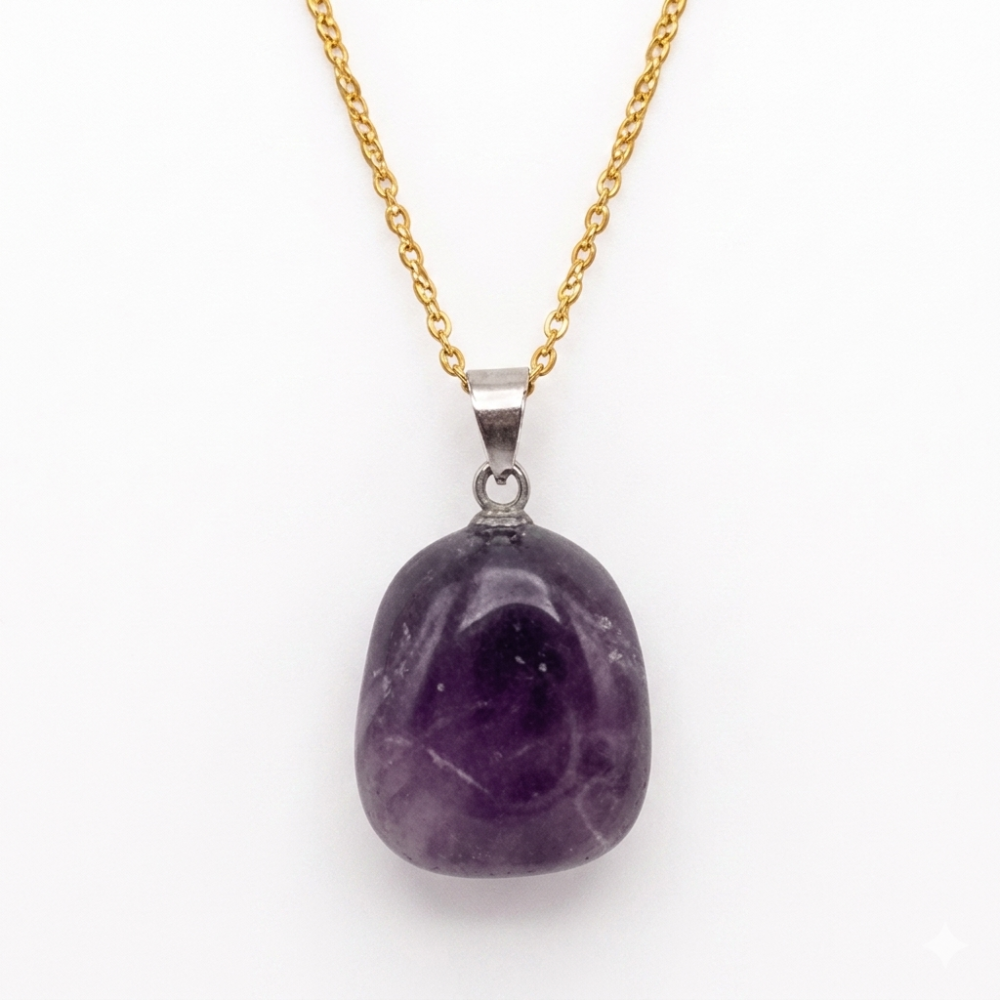 Collier pierre roulée améthyste rubanée AA 20/30 mm avec chaine forçat acier doré jaune