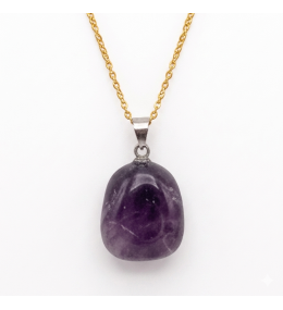 Collier pierre roulée améthyste rubanée AA 20/30 mm avec chaine forçat acier doré jaune
