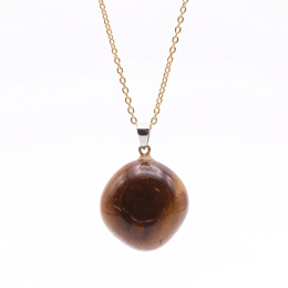 Collier pierre roulée oeil de tigre AA 20/30 mm avec chaine forçat acier doré jaune