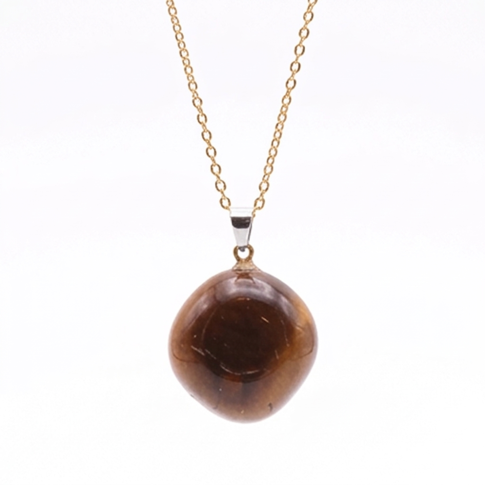 Collier pierre roulée oeil de tigre AA 20/30 mm avec chaine forçat acier doré jaune
