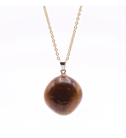 Collier pierre roulée oeil de tigre AA 20/30 mm avec chaine forçat acier doré jaune