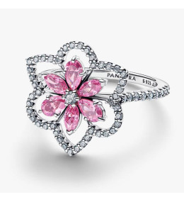 Bague Cocktail Double Fleur Pandora Argent et Pierres Roses
