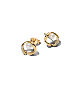 Boucles d'oreilles Pandora cercle pavé organique et perle de culture d'eau douce en métal doré or jaune 585/1000 264662C01